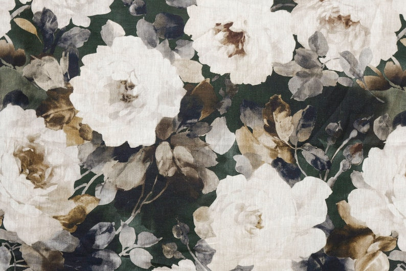 Midnight Roses Printed Cotton Fabric By The Metre, Green & Brown Cotton Printed Fabric