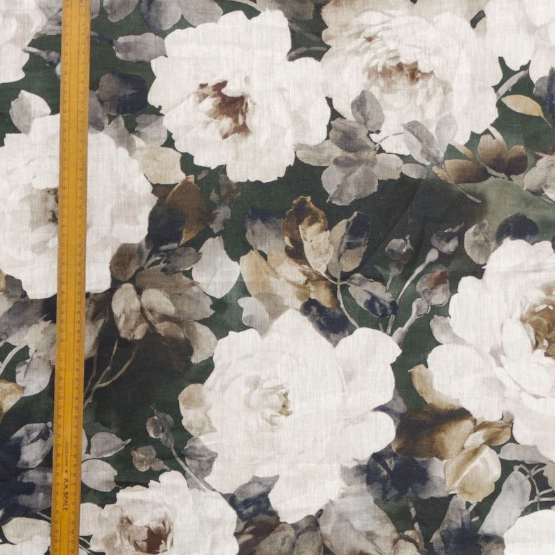 Midnight Roses Printed Cotton Fabric By The Metre, Green & Brown Cotton Printed Fabric