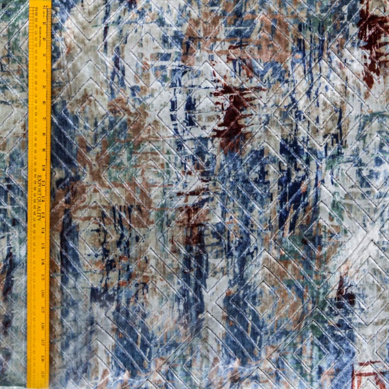 Artistic Velvet Fabric By The Metre, Ivory & Blue & Green Printed Velvet Fabric