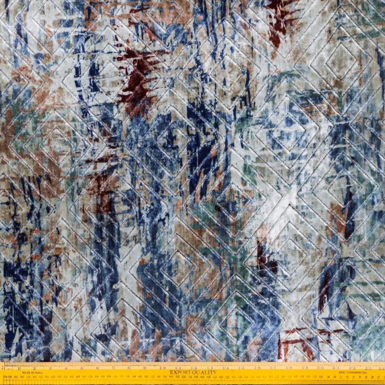 Artistic Velvet Fabric By The Metre, Ivory & Blue & Green Printed Velvet Fabric