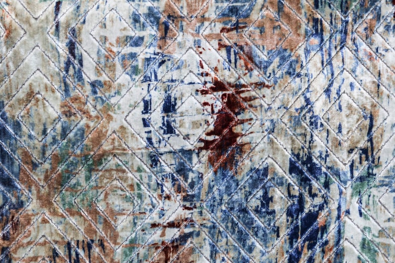 Artistic Velvet Fabric By The Metre, Ivory & Blue & Green Printed Velvet Fabric