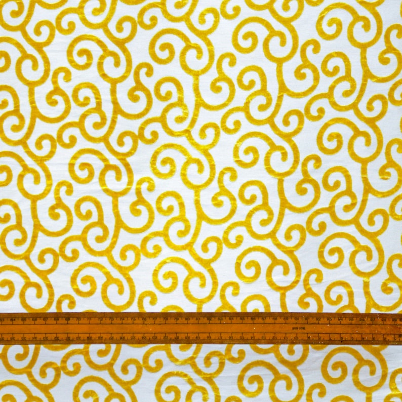 Mimosa Yellow Scrolls Poly Viscose Burnout Velvet Fabric By The Metre, 44 inches width