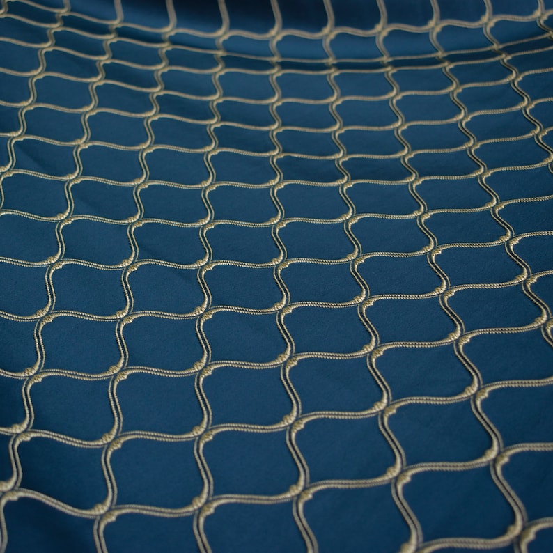 Navy Blue & Cream Moroccan Geometric Embroidered Fabric By The Metre, 54 inches width