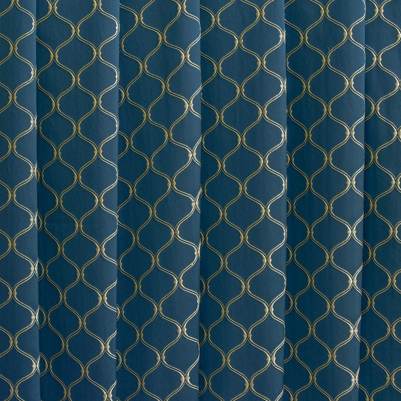 Navy Blue & Cream Moroccan Geometric Embroidered Fabric By The Metre, 54 inches width