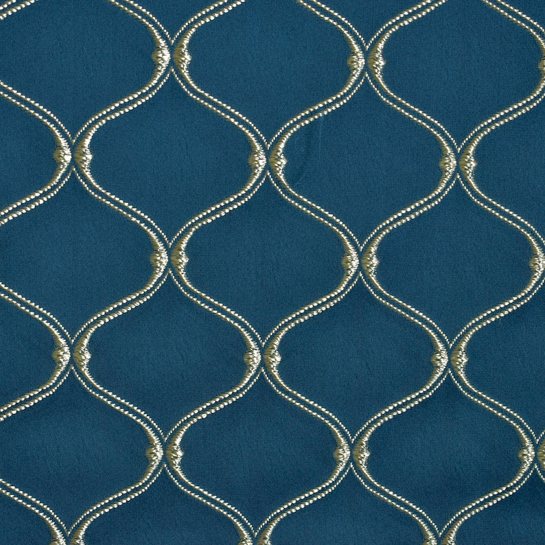 Navy Blue & Cream Moroccan Geometric Embroidered Fabric By The Metre
