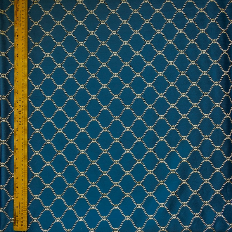 Navy Blue & Cream Moroccan Geometric Embroidered Fabric By The Metre, 54 inches width