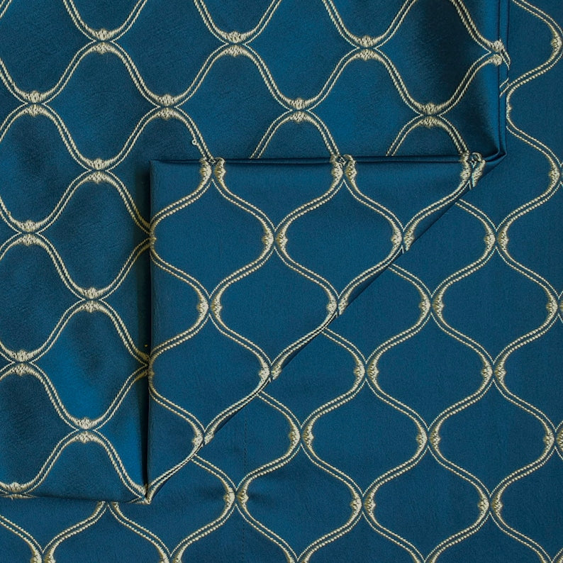 Navy Blue & Cream Moroccan Geometric Embroidered Fabric By The Metre, 54 inches width