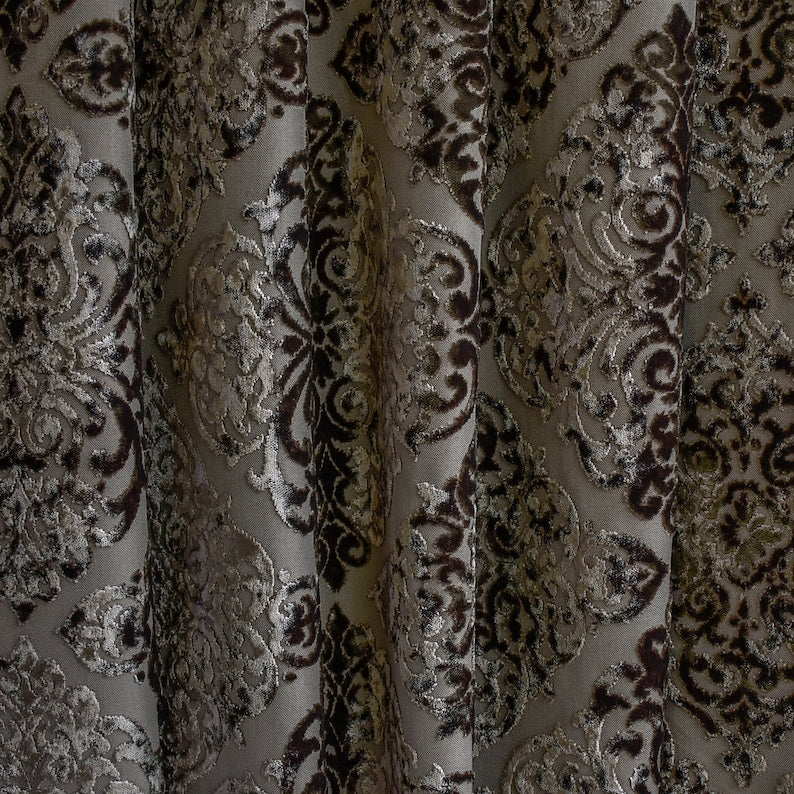 Charcoal Gray Damask Jacquard Velvet Fabric By The Metre, 54 inches width