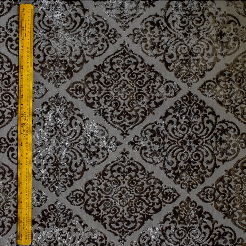 Charcoal Gray Damask Jacquard Velvet Fabric By The Metre, 54 inches width