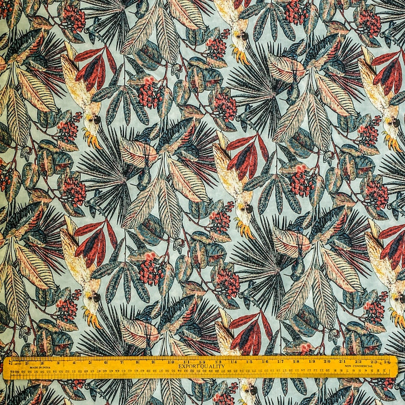 Cockatoo Love Sea Green, Red & Blue Cotton Spun Printed Fabric By The Metre, 54 inches width