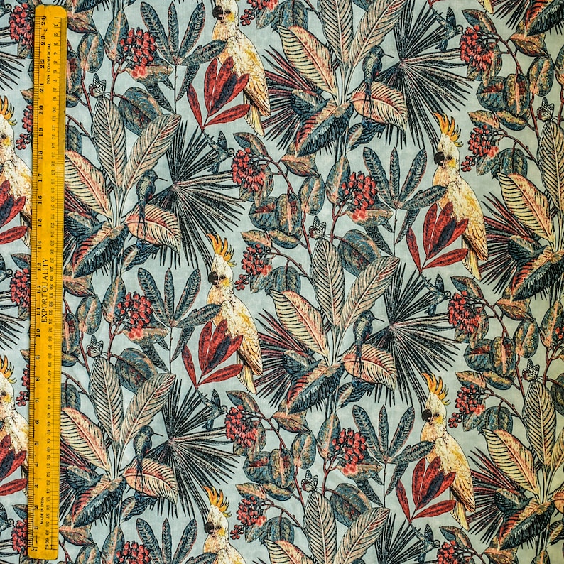 Cockatoo Love Sea Green, Red & Blue Cotton Spun Printed Fabric By The Metre, 54 inches width