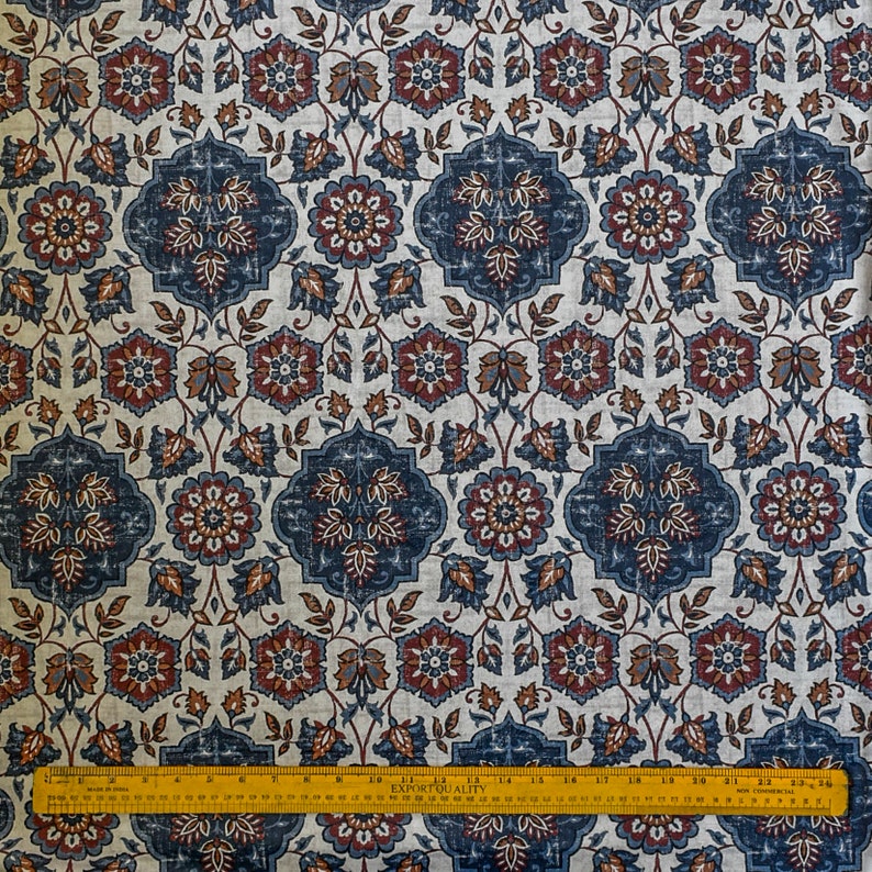 Blue, Brown & Off White Printed Velvet Fabric by the Metre, 1 Metre Velvet Fabric