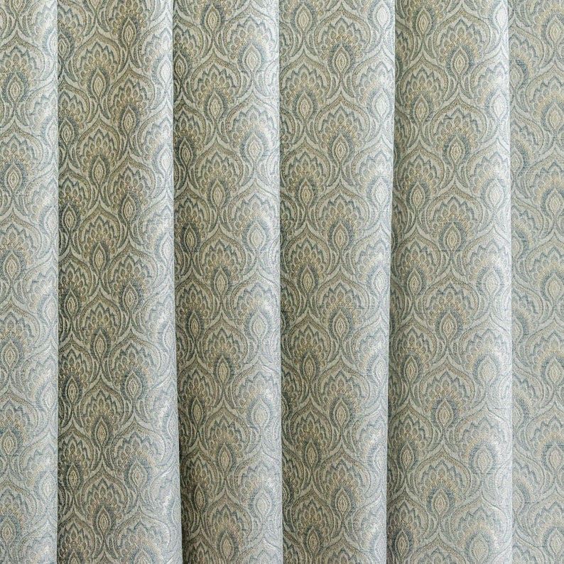 Teal & Cream Jacquard Weaved Fabric by the Metre, 1 Metre Blue Silk Fabric