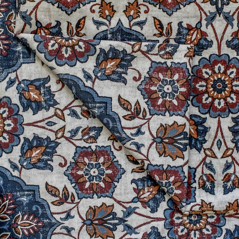 Blue, Brown & Off White Printed Velvet Fabric by the Metre, 1 Metre Velvet Fabric