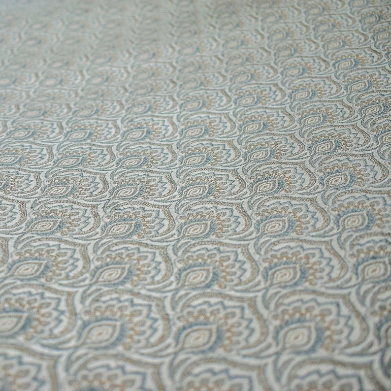 Teal & Cream Jacquard Weaved Fabric by the Metre, 1 Metre Blue Silk Fabric