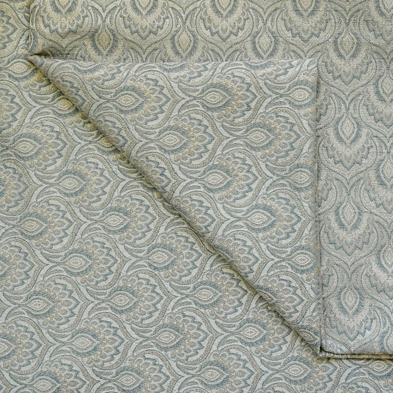 Teal & Cream Jacquard Weaved Fabric by the Metre, 1 Metre Blue Silk Fabric