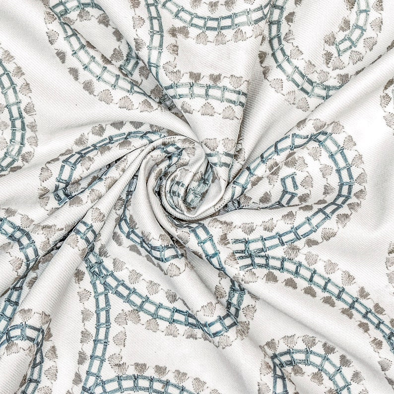 Ivory, Teal Cotton Embroidery Fabric by the Metre, 1 Metre Ivory Cotton Fabric