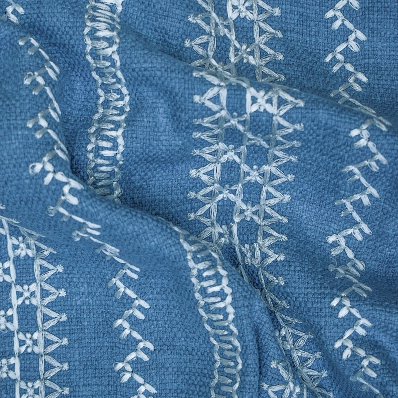 Light Blue, White Cotton Embroidered Fabric by the Metre, 1 Metre Blue Fabric