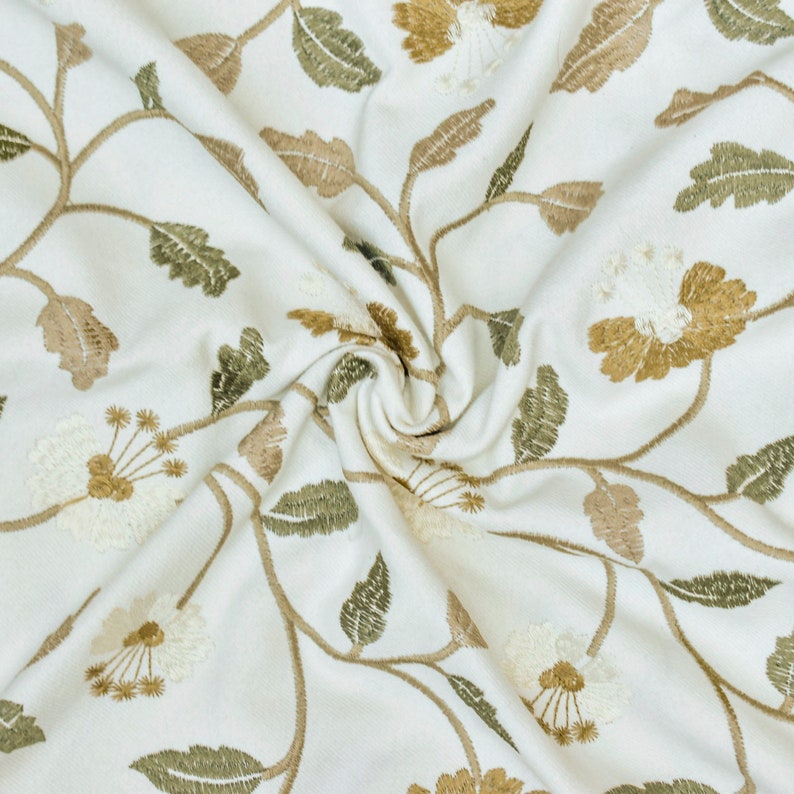 Ivory, Mustard Cotton with Embroidery Fabric by the Metre, 1 Metre Ivory Fabric