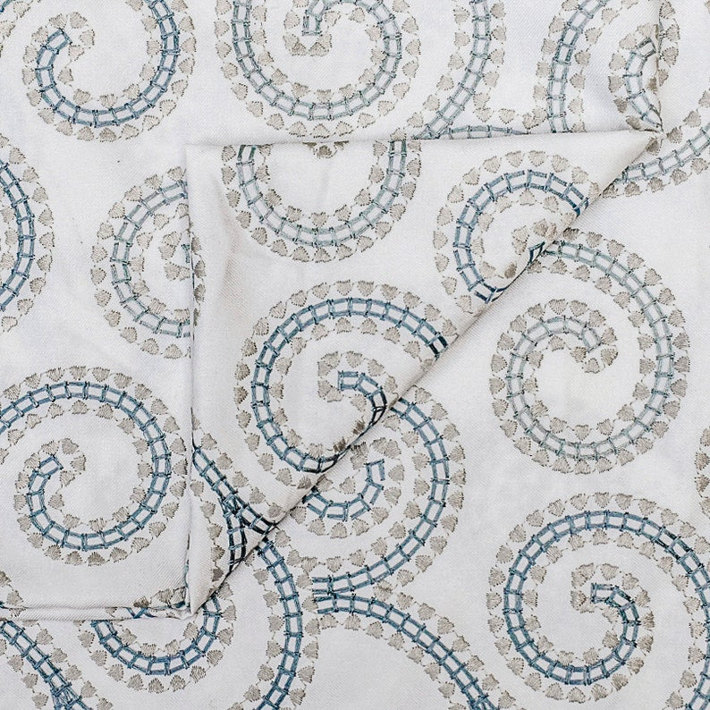 Ivory, Teal Cotton Embroidery Fabric by the Metre, 1 Metre Ivory Cotton Fabric