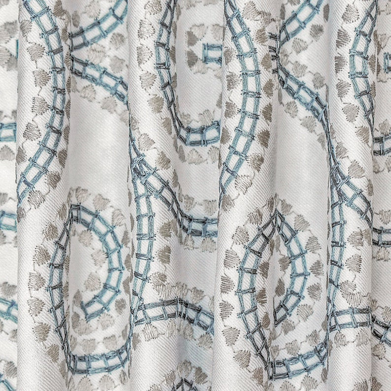 Ivory, Teal Cotton Embroidery Fabric by the Metre, 1 Metre Ivory Cotton Fabric