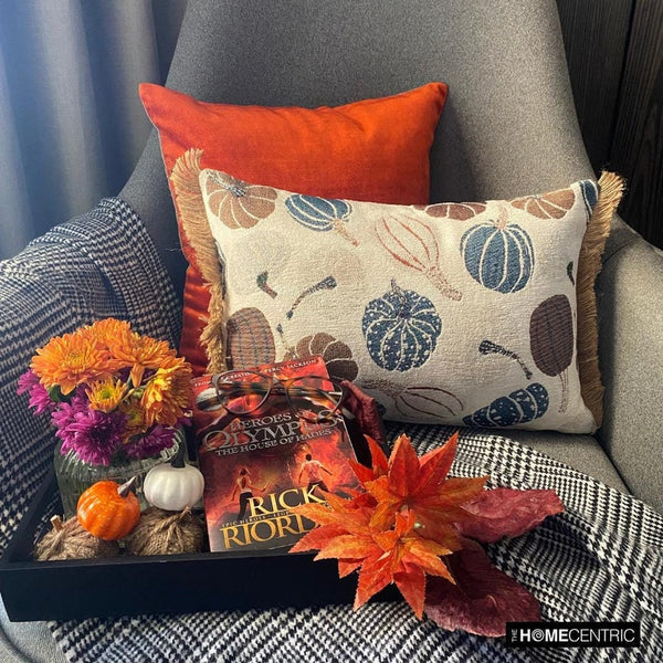 Blue Harvest Pumpkin - Blue Woven Jacquard Decorative Lumbar  Cushion Cover