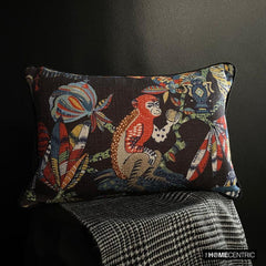Monkey Mischief - Black Cotton Decorative Lumbar Cushion Cover