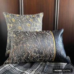 Portoro - Black Faux Leather & Jacquard Silk Decorative Lumbar Cushion Cover