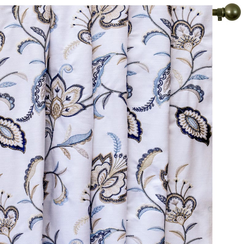 Dark Blue, Light Blue Cotton with Embroidery Fabric by the Metre, Blue Cotton Fabric