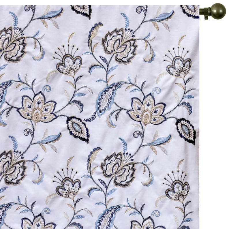 Dark Blue, Light Blue Cotton with Embroidery Fabric by the Metre, Blue Cotton Fabric