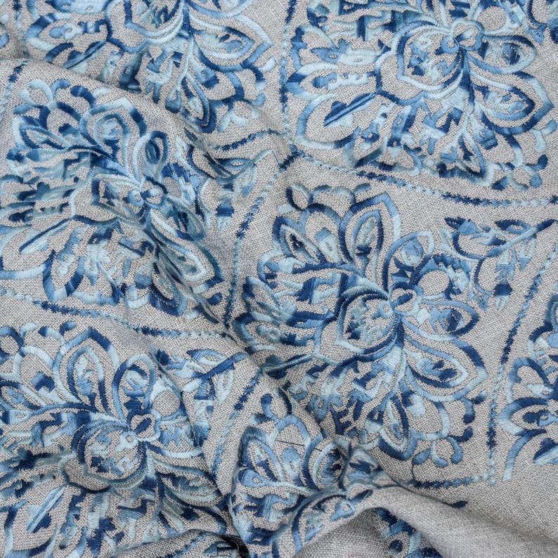 Shades of Blue Cotton Embroidery Fabric by the Metre, Blue Cotton Fabric