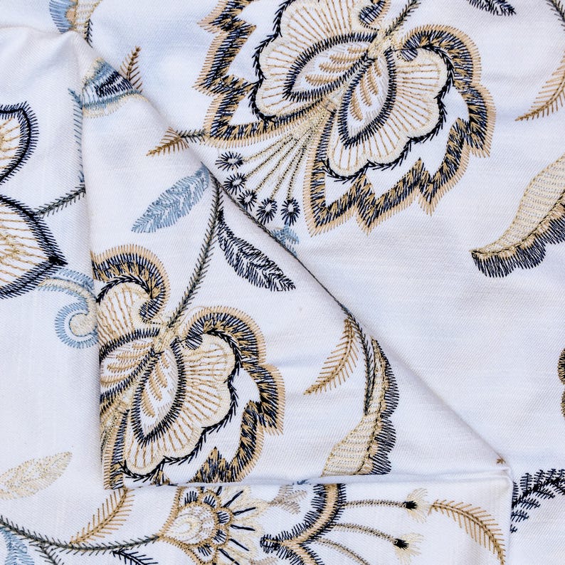 Dark Blue, Light Blue Cotton with Embroidery Fabric by the Metre, Blue Cotton Fabric