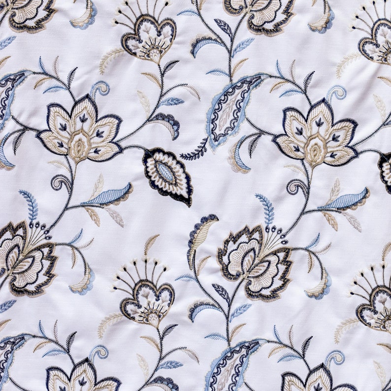 Dark Blue, Light Blue Cotton with Embroidery Fabric by the Metre