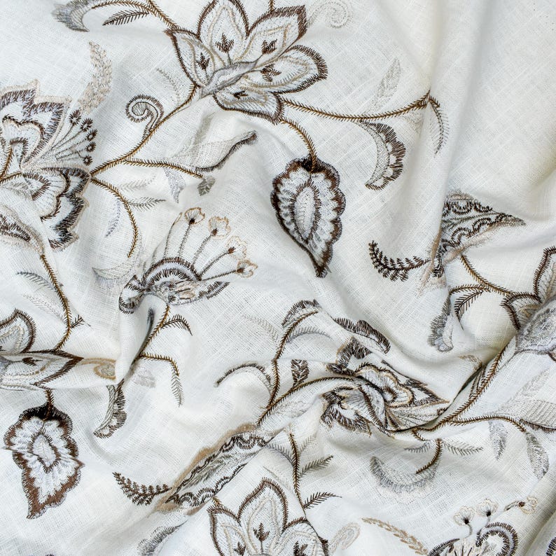 Dark Brown Cotton Embroidery Fabric by the Metre, Beige Cotton Fabric