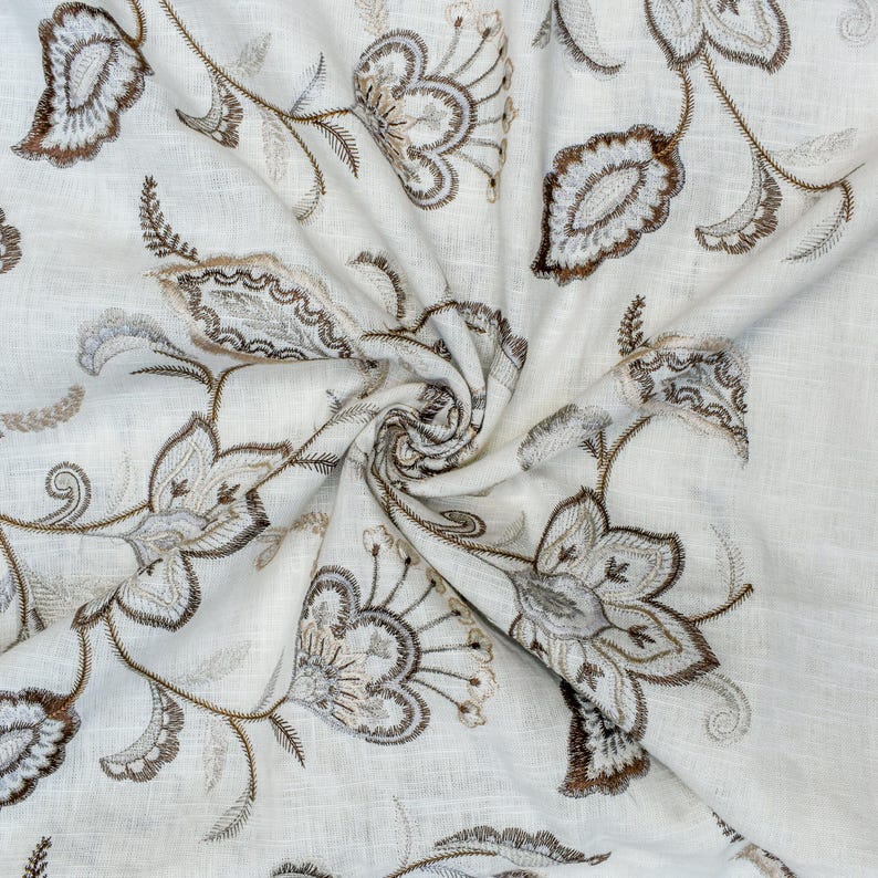 Dark Brown Cotton Embroidery Fabric by the Metre, Beige Cotton Fabric