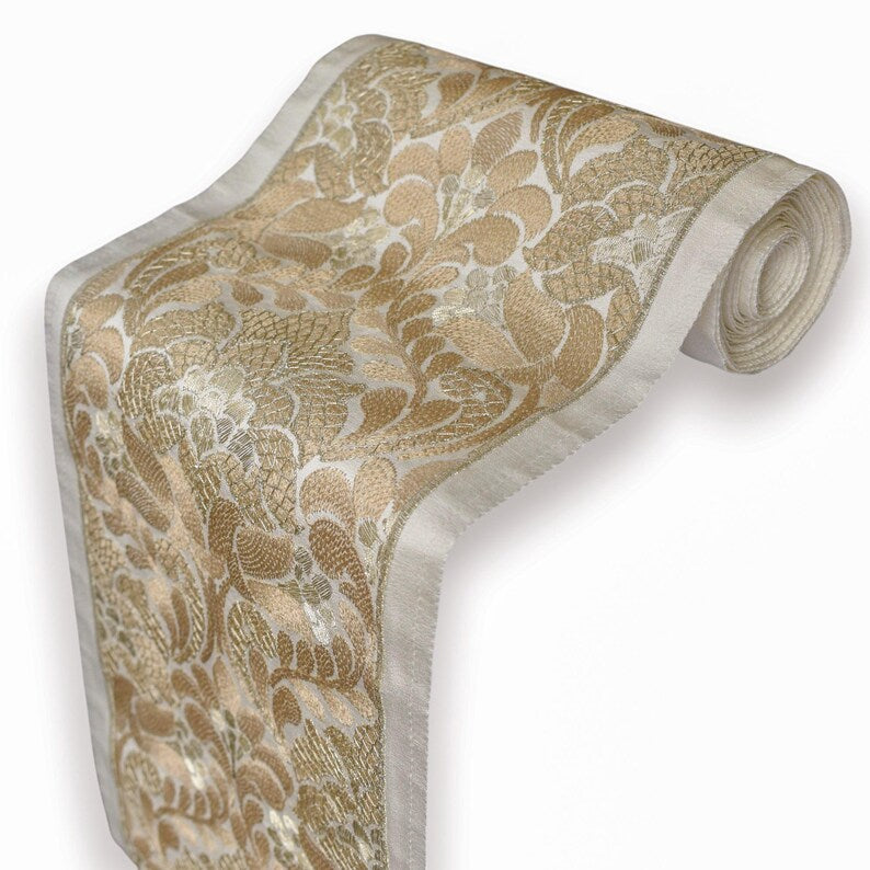 Baroque-Inspired Scroll work Border in Champagne Gold by the Metre, Floral Curtain Tape, 7 Inches (177 mm)