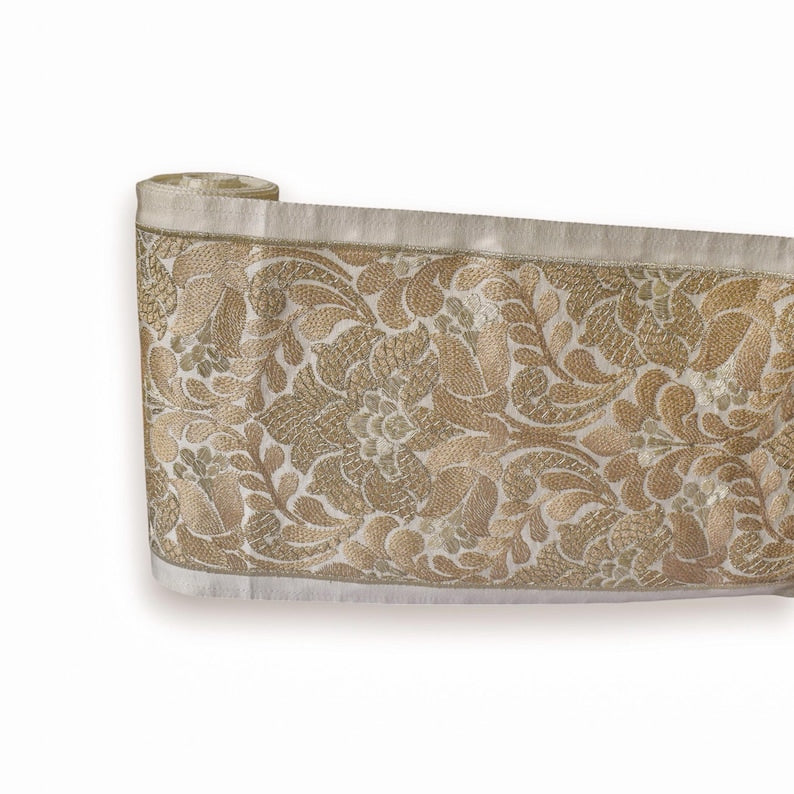 Baroque-Inspired Scroll work Border in Champagne Gold by the Metre, Floral Curtain Tape, 7 Inches (177 mm)