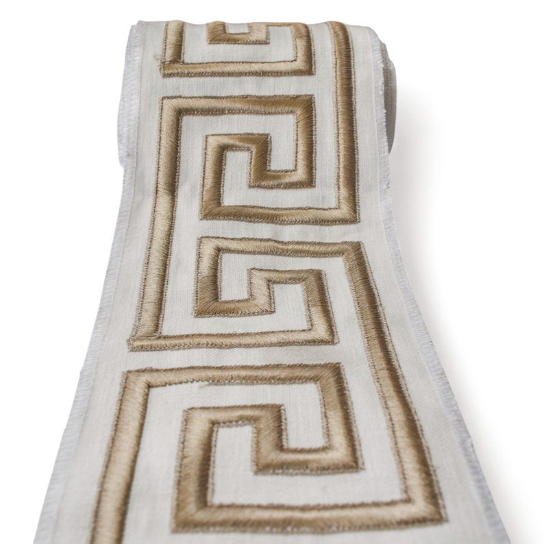 Champagne Gold Greek Key Geometric Border Trim by the Metre, Geometric Curtain Tape, 4.5 Inches (114 mm)