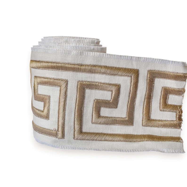 Champagne Gold Greek Key Geometric Border Trim by the Metre, Geometric Curtain Tape, 4.5 Inches (114 mm)