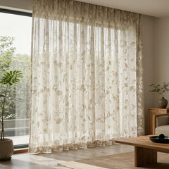 Linen Blend Sheer Fabric by the Metre, Floral Leaf Semi Transparent Fabric