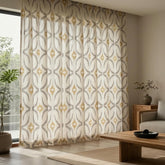 Geometric Mustard Sheer Embroidery Linen Look Curtain Panels