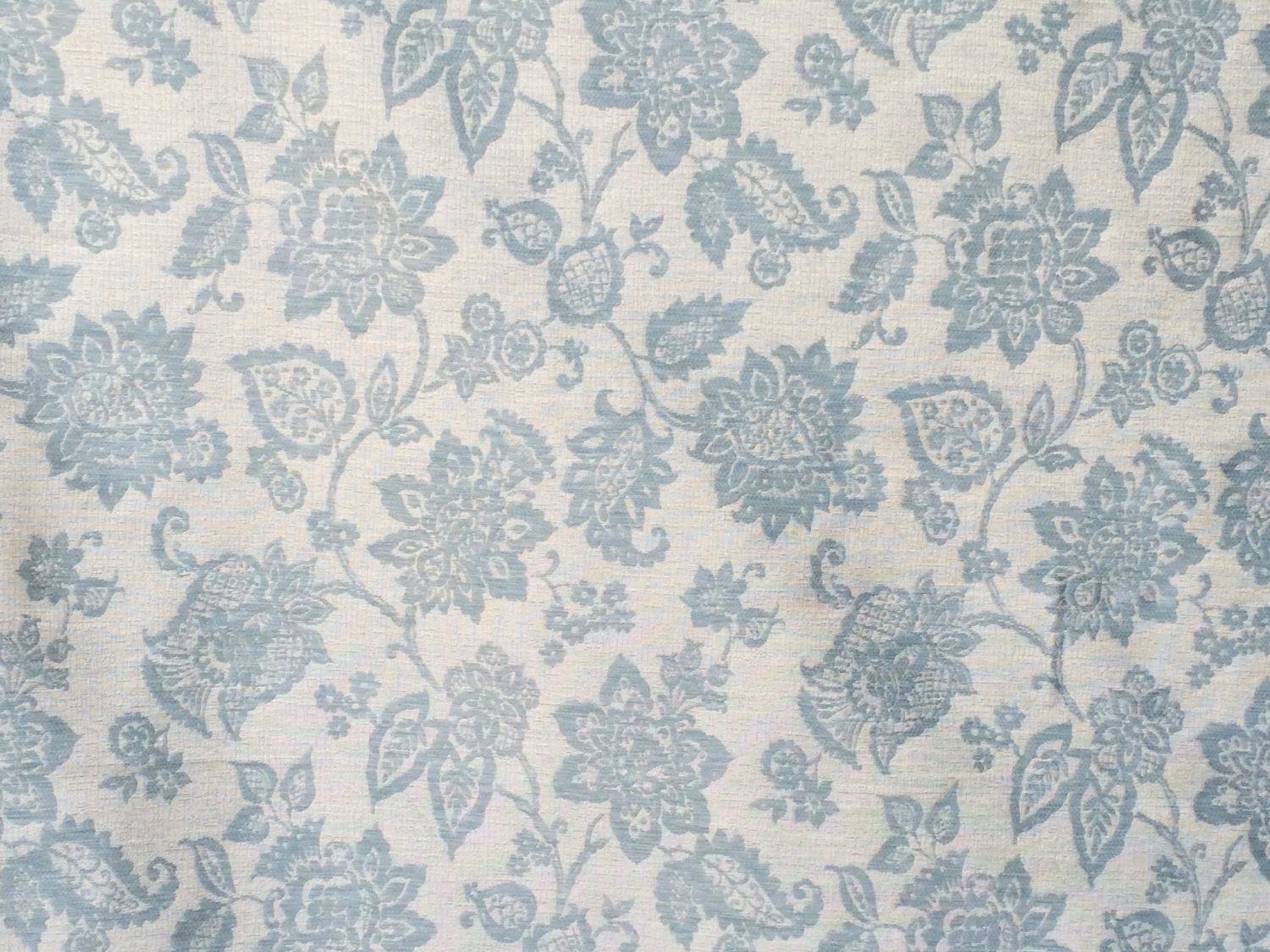 Teal Blue Flowers Linen Fabric By The Metre
