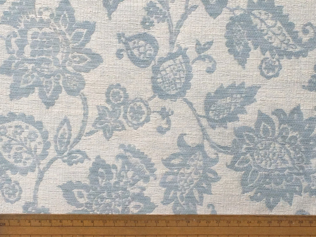 Teal Blue Flowers Linen Fabric By The Metre