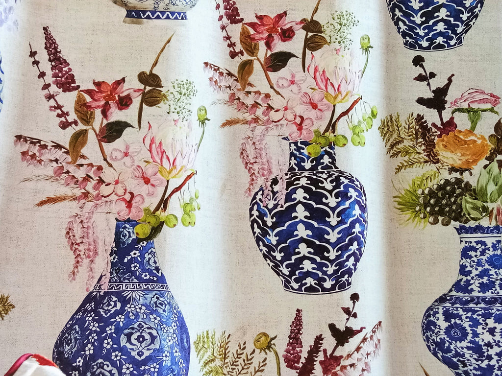 Cobalt Blue Flower Vase Cotton Fabric By The Metre