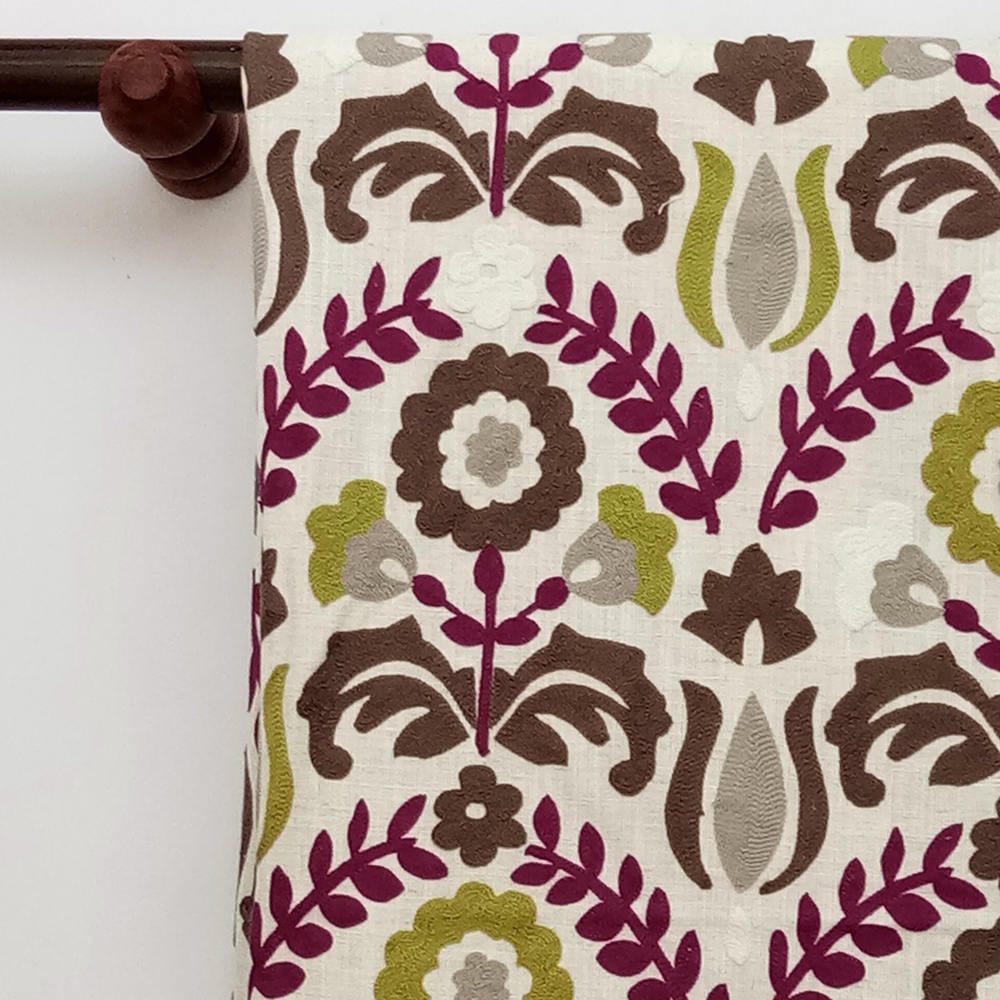 Chartreuse And Magenta Flowers Cototn Linen Fabric By The Metre