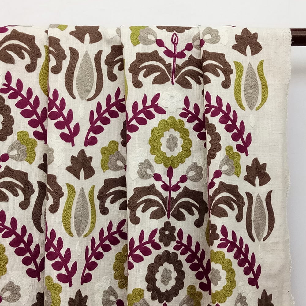 Chartreuse And Magenta Flowers Cototn Linen Fabric By The Metre