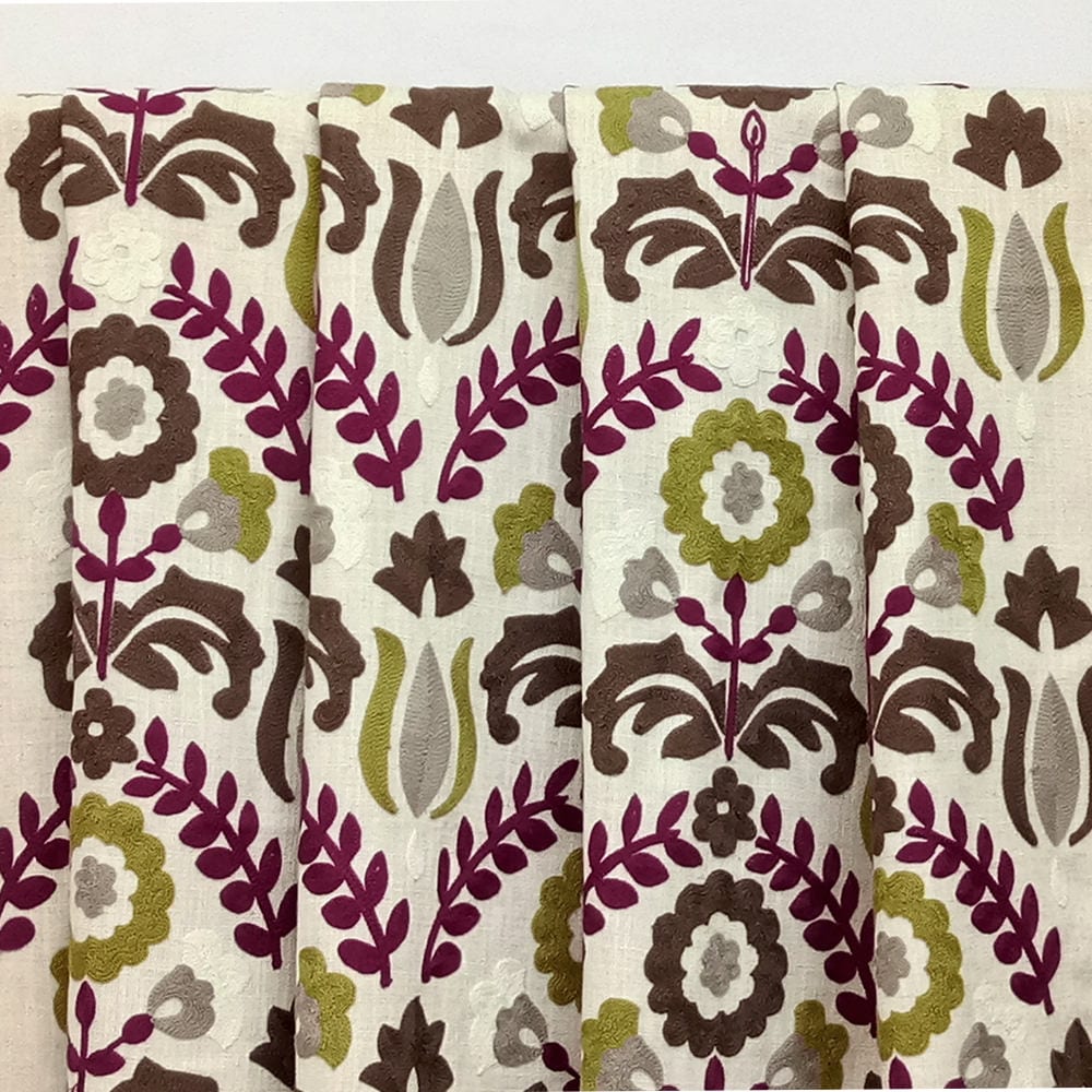 Chartreuse And Magenta Flowers Cototn Linen Fabric By The Metre