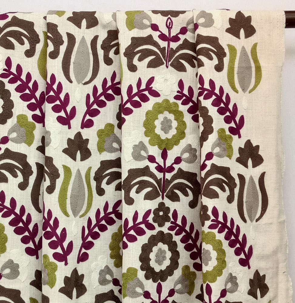 Chartreuse And Magenta Flowers Cototn Linen Fabric By The Metre
