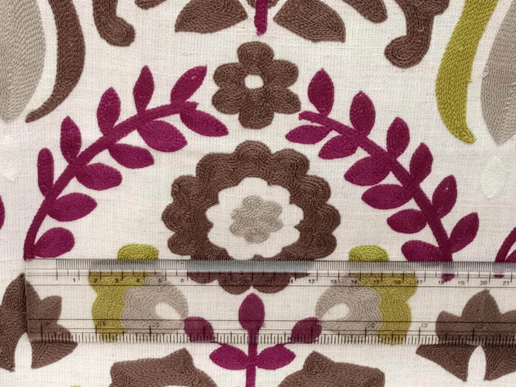 Chartreuse And Magenta Flowers Cototn Linen Fabric By The Metre