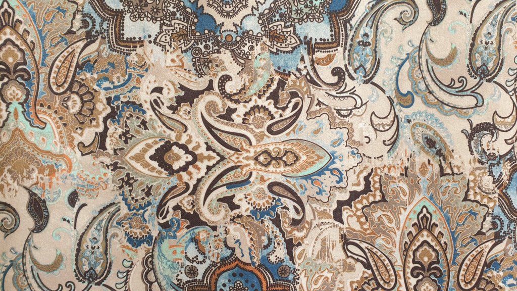 Beige, Blue Arabian Love Damask Print Velvet Curtain Panels